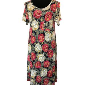 Lula Roe Simply Comfortable High-Low Dress, Red Cream Gold Black Floral Small